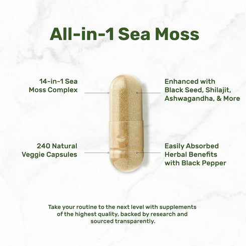 Irish Sea Moss 7000mg Per Serving - 240 Veggie Capsules, 14 Superfood Complex, 3000mg Black Seed Oil, 2000mg