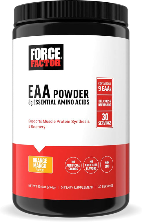 Force Factor Essential Amino Acids Powder, Full Spectrum EAAs Supplement for Healthy Muscle Recovery, Orange Mango