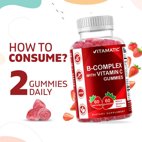Vitamatic Vitamin B Complex Gummies with Vitamin C & Inositol - Natural Strawberry Flavor - 60 Gummies (2 Bottles)