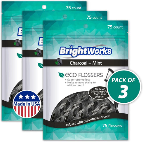 Brightworks ECO Sustainable Floss Picks, 225 Count, Charcoal + Mint Infused, 100% Post-Consumer Recycled Plastic