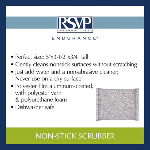 RSVP International Gentle Scrubbing Sponge for Non-Stick Cookware, Porcelain & Glass, Dishwasher Safe, 5x3.5, Silver
