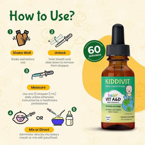 Immune 60 2oz Kiddivit Baby Vitamin A&D Liquid Drops with Vitamin E Gentle & Vision Support Supplement Daily Servings
