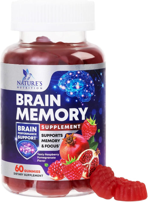 Brain Supplement Gummies for Memory & Focus Support - 60 Vegan Gummies with B6 B12, Phosphatidylserine, Nootropics