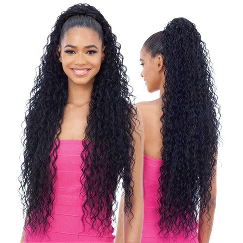 Long Curly Drawstring Ponytail - 30” Synthetic Clip In Extensions, Black Color for Women