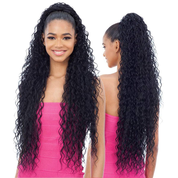 Long Curly Drawstring Ponytail - 30” Synthetic Clip In Extensions, Black Color for Women