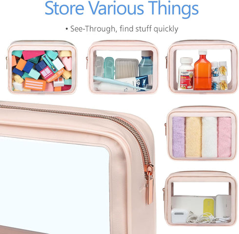 PACKISM TSA Approved Toiletry Bag - 2 Pack Upgrade Color-Edged Clear Makeup Bag, Clear Toiletry Bag for Traveling, Pink