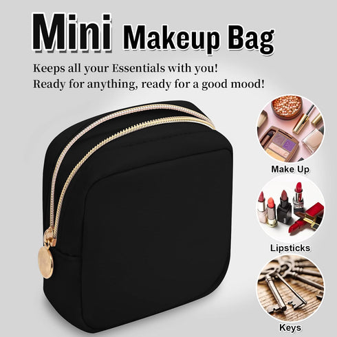 Nylon Mini Makeup Bag for Purse, Preppy Small Black Zipper Pouch, Waterproof Travel Coin Pouch for Women (Black)