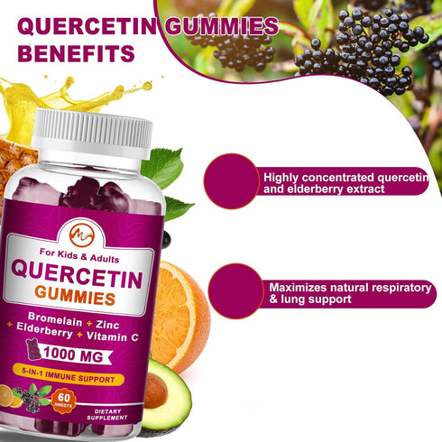 (2 Pack) Quercetin Gummies with Bromelain - Elderberry, Zinc, and Vitamin C, Chewable Quercetin 1000 mg Supplement for