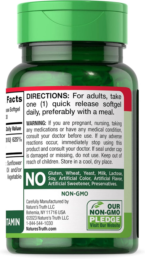 Nature's Truth Vitamin D3, 5000 IU Softgels, 130 Count, High Potency, Non-GMO & Gluten Free