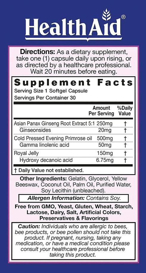 HealthAid 3, 30 Royal with Evening Primrose Oil, Royal Jelly, Ginseng, Once Daily, Capsules