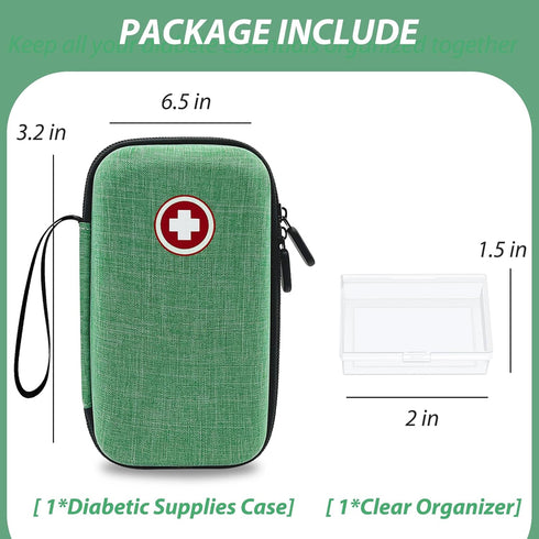 Diabetic Supplies Travel Case, Organizer for Diabetes Testing Kit, Blood Glucose Monitor Kit (Case Only) (Green)