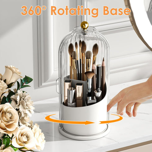 Makeup Brush Holder Organizer with Lid, 360 Rotating Clear Dustproof Organizer for Vanity Desktop Bathroom Countertop