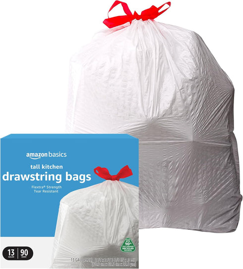 Amazon Basics Flextra Tall Kitchen Drawstring Trash Bags, 13 Gallon, 90 Count, 10% Post Consumer Recycled Content
