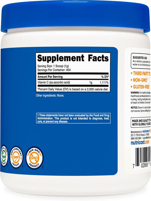 Nutricost Pure Ascorbic Acid Powder (Vitamin C) - 1LB