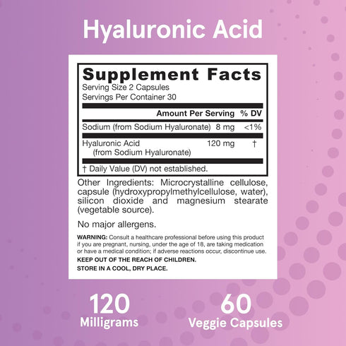 Jarrow Formulas Hyaluronic Acid 120 mg, Dietary Supplement for Skin Health Support, 60 Veggie Capsules
