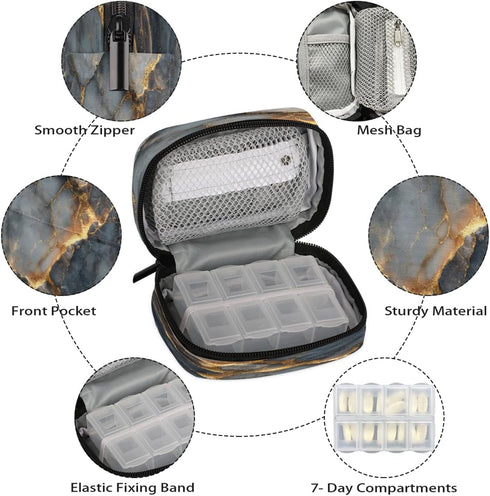 Skerhhux 7 Black Gold Marble Pill Case Travel Pill Organizer Weekly Day Portable with Zipper Medicine Box Pill Case