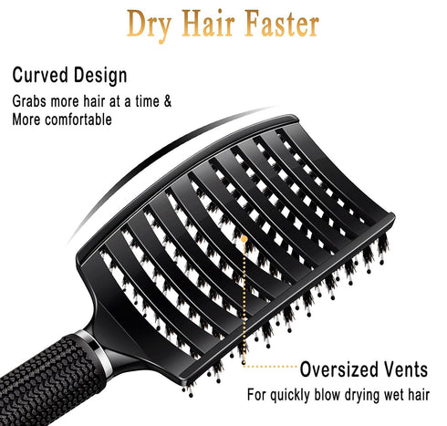 KTKUDY Detangling Hair Brush - Boar Bristle & Tangle-Free Design for Kids, Women, Men (Black)