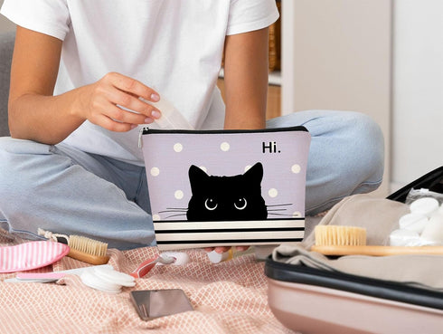 Cat Makeup Bag, Black Cat Purse, Cute Cosmetic Bag for Women and Teen Girls, Gifts for Cat Lovers - Purple Polka Dot