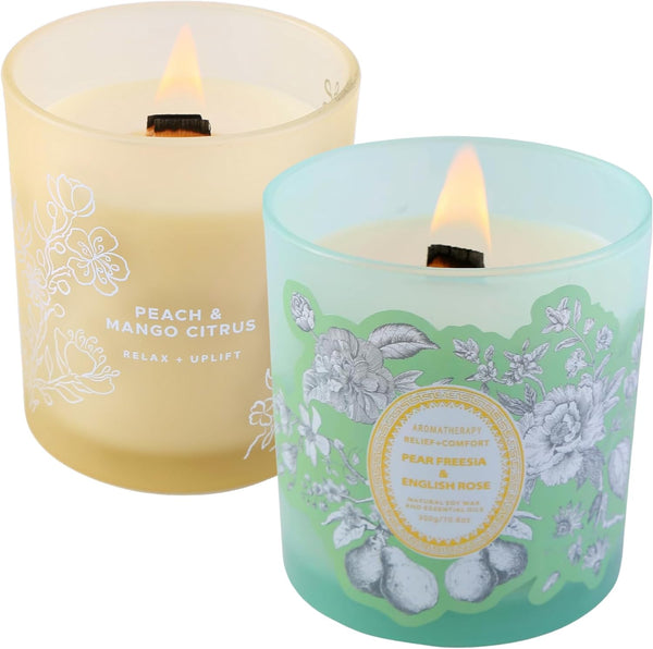 Pear Freesia English Rose and Peach Mango Citrus Scented Wood Wick Candles
