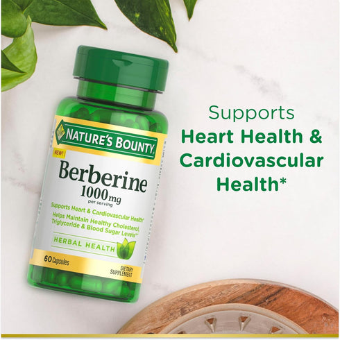 Nature's Bounty 1000mg Berberine Capsules, 60 Count - Support Heart Health, Maintain Cholesterol, Triglyceride & Blood