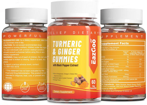 Turmeric Curcumin Gummies 500mg for Adults, 60 Orange Flavor Gummies with Black Pepper, Ginger Root, Vitamin C, Low