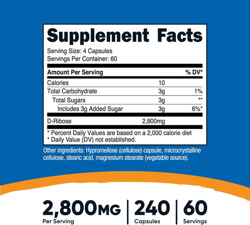 Nutricost D-Ribose 700mg (2800mg Per Serving), 240 Capsules, Vegetarian Friendly, Non-GMO, Gluten Free