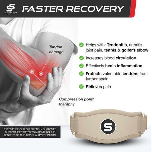 Sleeve Stars Tennis Elbow Brace - Tendonitis Elbow Brace & Strap for Pain Relief and Support for Forearm (Single/Beige)