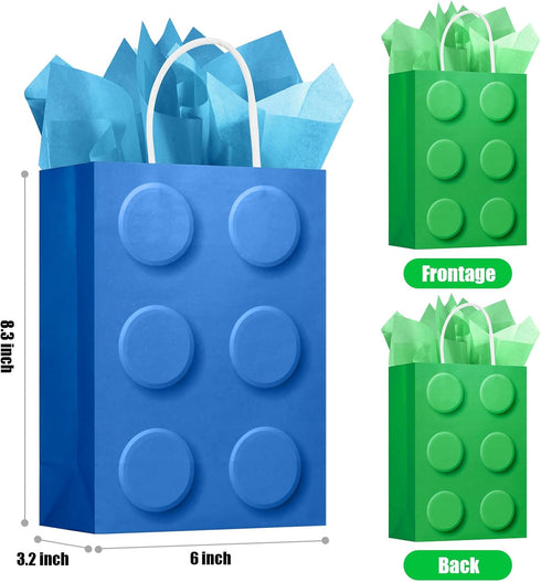 YOTNUS 24 Pcs Building Block Party-Favor Gift Bags with Tissue Paper, Small Gift Bags with Handles for Birthday Party