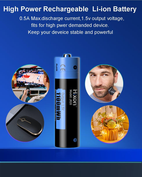 Hixon 8 Pack 1100mWh 1.5V 1600 Rechargeable AAA Lithim Batteries with AAA to AA Converter, Constant Output Triple a