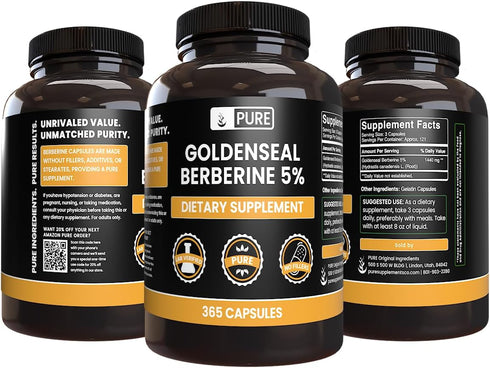 PURE ORIGINAL INGREDIENTS Goldenseal Berberine - No Magnesium or Rice Fillers, Always Pure, Lab Verified (365 Count)