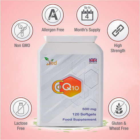 VED CoQ10 500mg, Naturally Fermented Ubiquinone Coenzyme, Highest Strength, 120 Softgels, 4 Months Supply