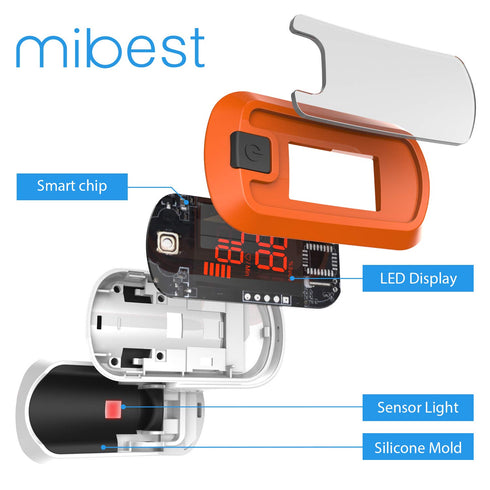 MIBEST Orange LED Finger Pulse Oximeter, Blood Oxygen Saturation Monitor, Portable Oxygen Sensor with Batteries and