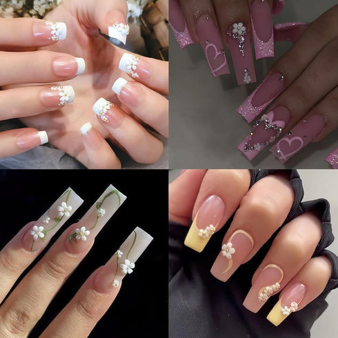 Nail Charms, 1000Pcs 3D Flower Design, White Acrylic, Metal, Pearl, Mixed Sizes for Women Nail Decorations