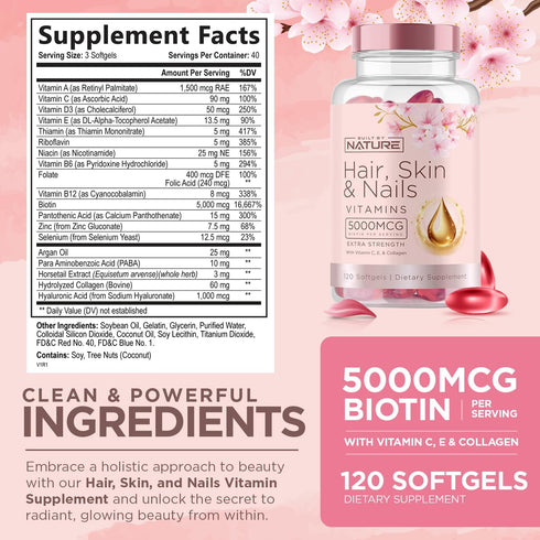 Hair Skin and Nails Vitamins – 5000mcg Biotin with Vitamin C, E, Collagen, Hyaluronic Acid, Argan & Coconut Oil – Luscious Hair Growth & Radiant Skin Supplement for Women – 120 Softgels