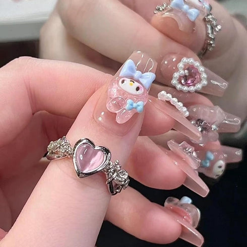 Thick Handmade Gel Press on Nails, Long Square Bling Pearl Cute Bow Rhinestone Kawaii Fake Nails Kit, Size M, 10 Nails