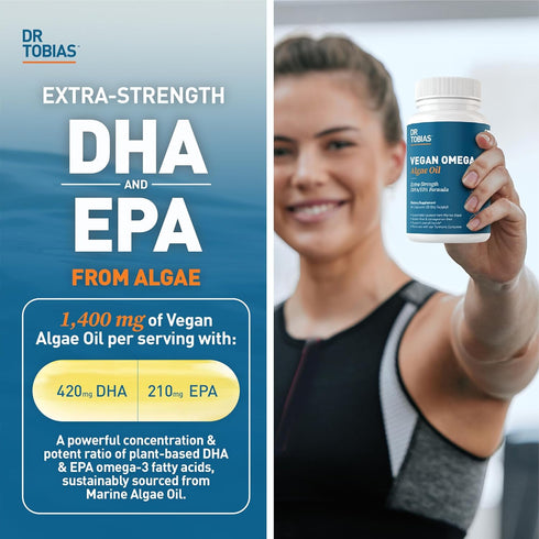 Dr. Tobias Vegan Omega 3 Algae Oil, 1400mg Vegan Omega 3 Supplement with Extra-Strength Vegan DHA EPA, Non-GMO, Gluten-Free, Marine Algae Omega 3 Vegan, 420mg DHA & 210mg EPA, 60 Capsules, 30 Servings