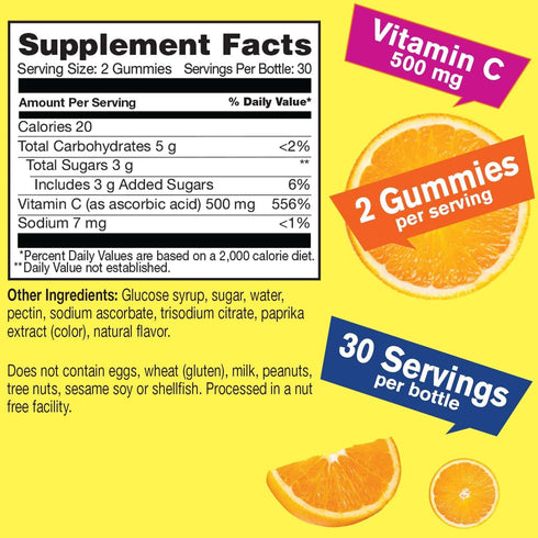 Vitamin C Gummies 500mg | Natural Sourced Flavors | Immune, and Antioxidant Support | Vitamina C Gummies for adults | Nut Free, Vegan | 60 Count