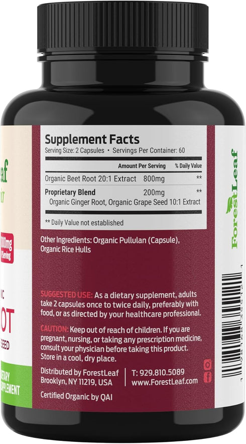 ForestLeaf Beet Root Capsules, 1000mg 20:1 Extract with Ginger and Grape Seed, Supports Blood Flow and Energy (120