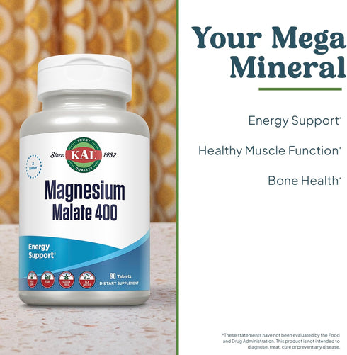 KAL Magnesium Malate 400mg, Chelated Magnesium Supplement, 90 Veg Tabs, Vegan, Non-GMO