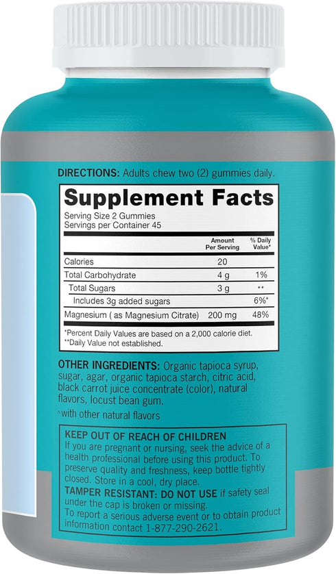 Qunol Magnesium Gummies for Adults, 200mg Magnesium Citrate, 90 Count, Supports Nerve and Bone Health