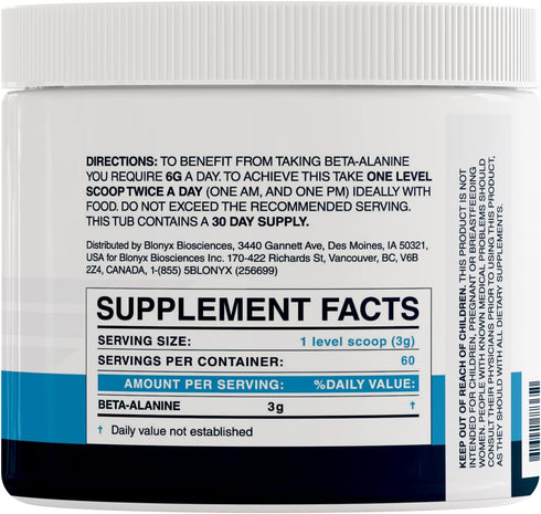Beta-Alanine Supplement, Enhances Muscular Endurance & Work Capacity, 6g Daily Dose, 30-Day Supply