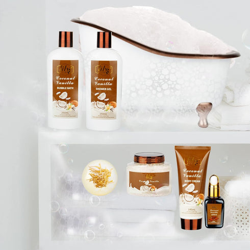 Spa Gift Tub Baskets Set for Women Coconut Vanilla Bath and Body Sets for Father's Day Works Birthday Gifts for Christmas Spa Bath Gifts for Men Spa Kit Perfume Self Skin Care for Mothers Day