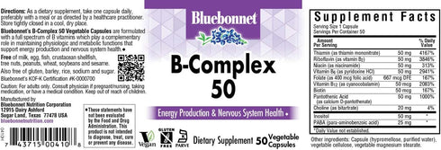 Bluebonnet Nutrition B Complex 50 Vegetable Capsules, Complete Full Spectrum, Vitamin B6, B12, Biotin, Folate, Vegan, Vegetarian, Gluten Free, Soy Free, Milk Free, Kosher, 50 Vegetable Capsules