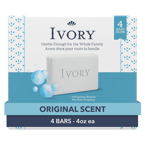 Ivory Gentle Bath Bar Soap, 4 oz (4 Count), 99.44% Pure Formula, Family-Friendly, Plant-Based Cleansers