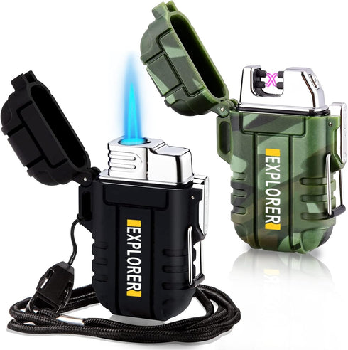 2 Pack Waterproof Lighter, Outdoor Windproof Dual Arc Butane Electric USB Rechargeable Flameless Plasma Lighter