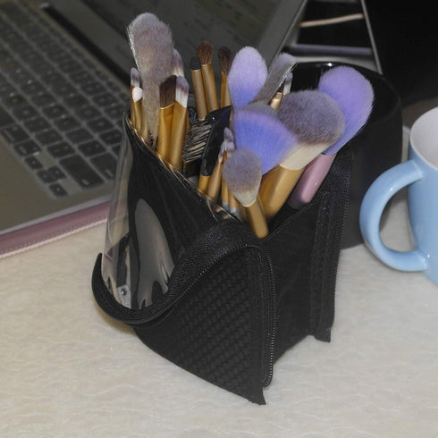 ANEMEL Black Travel Makeup Brush Holder 2-Pack, Clear Plastic Cosmetic Zipper Pouch, Portable Waterproof Organizer