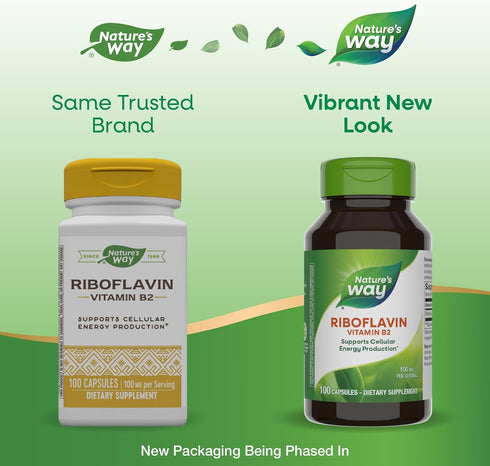 Nature's Way Riboflavin Vitamin B2, 100 mg per Serving, High Potency, Supports Cellular Energy Production, 100 Capsules