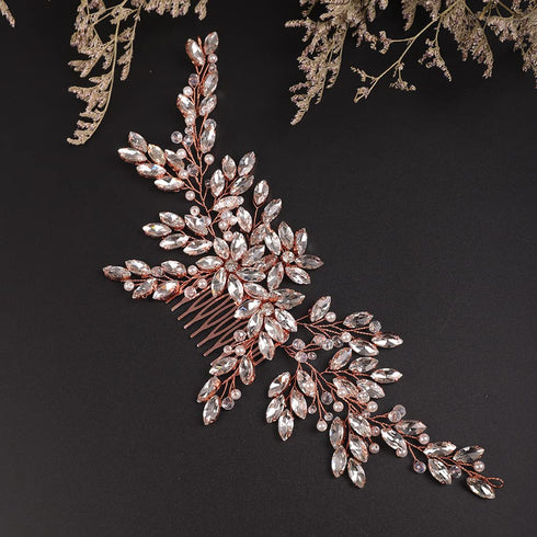 Wedding Rose Gold Rhinestone Crystal Flower Hair Comb, Bridal Headpiece for Women and Girls