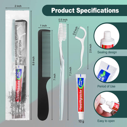 50pcs Disposable Toothbrushes with Toothpaste and Comb Floss - 4-in-1 Bulk Kit for Homeless & Hotel Use