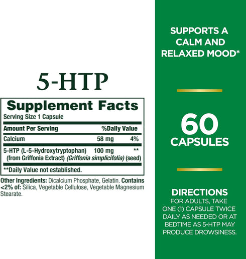 Nature's Bounty 5-HTP Pills and Dietary Supplement, Supports a Calm and Relaxed Mood, 100mg, 60 Capsules